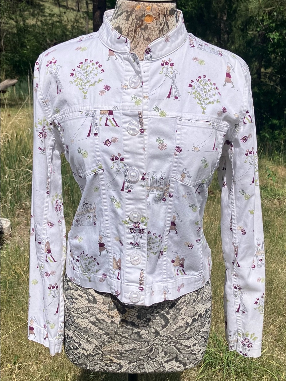 Christopher & Banks White Printed Stand-Collar Jean Jacket